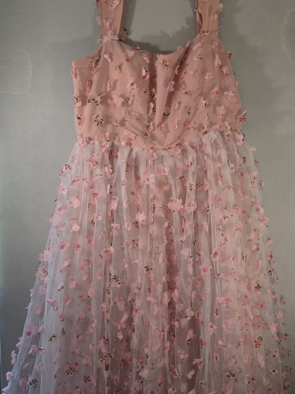 Blush Pink Floral Appliqué Tulle Prom Dress